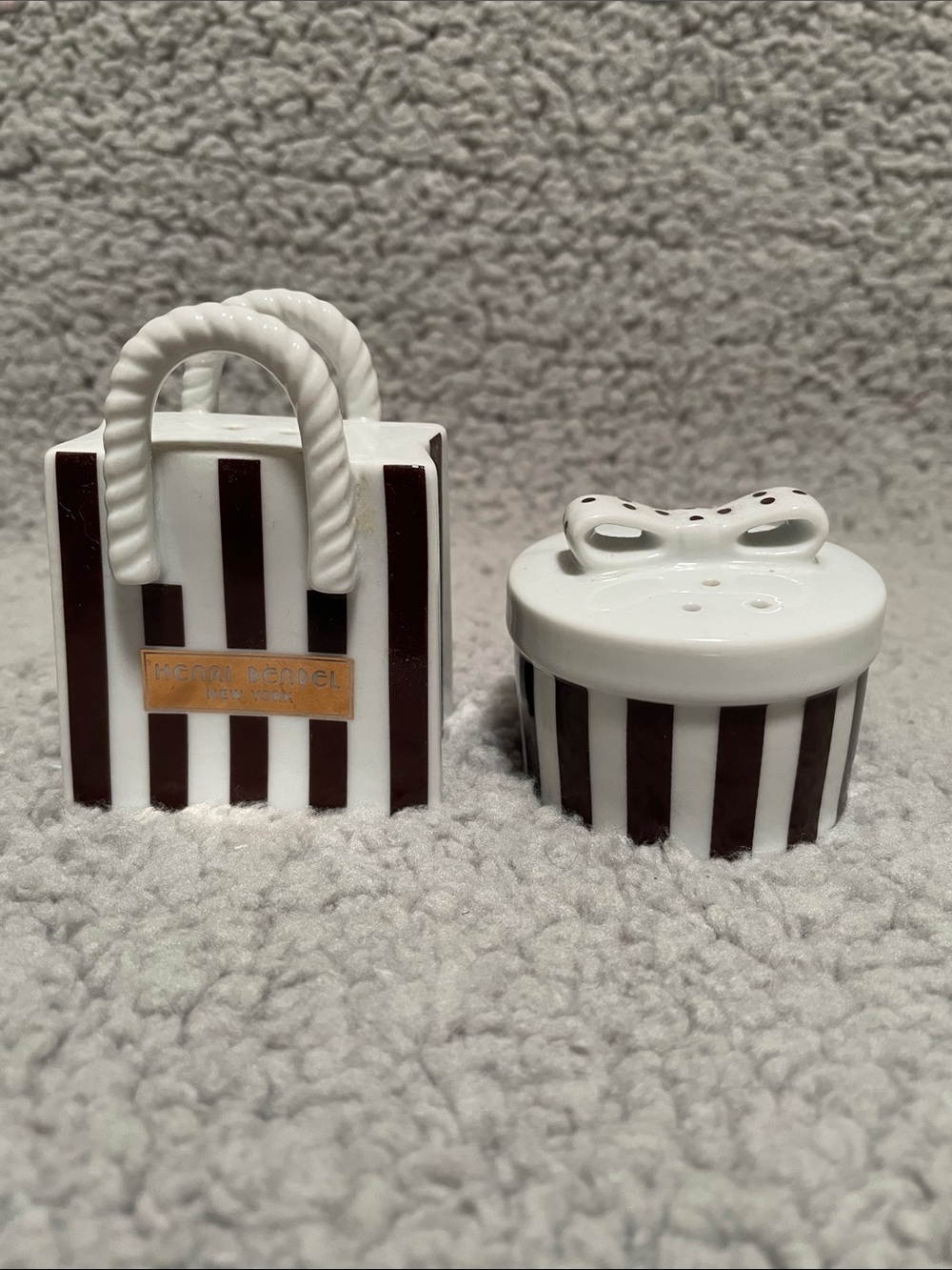 Henri Bendel Brown & White Striped Ceramic Salt and Pepper Shakers